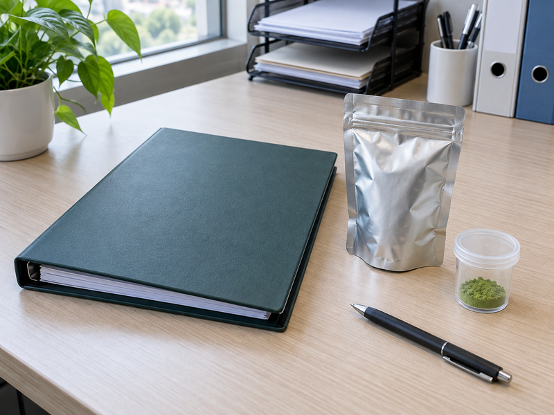 Matcha laboratory reporting brief beside a sealed powder sample