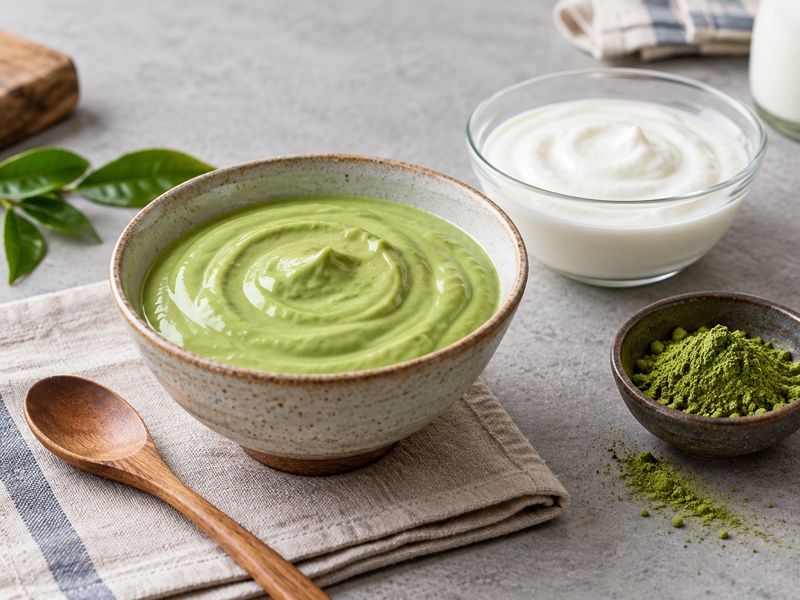 A clear bowl of thick matcha yogurt beside plain yogurt and a small bowl of tea powder