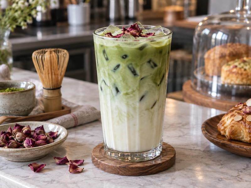 Rose matcha latte with pale milk, green tea and a restrained edible petal garnish