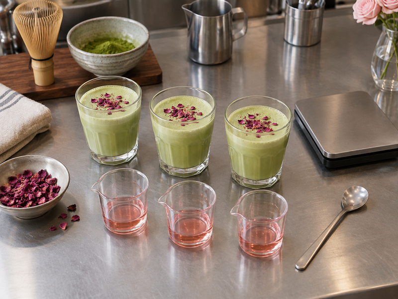 Three rose matcha trial glasses with small measured syrup portions on a cafe counter