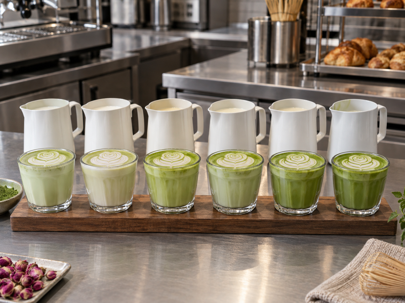 Rose matcha samples made with different milk bases in identical small glasses