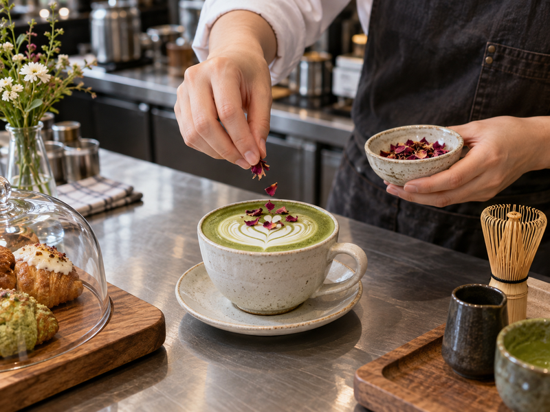 A small amount of food-grade dried rose petals being placed on a finished matcha latte