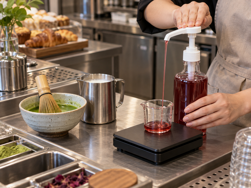 Rose syrup dosing equipment and matcha portions being checked on a cafe scale