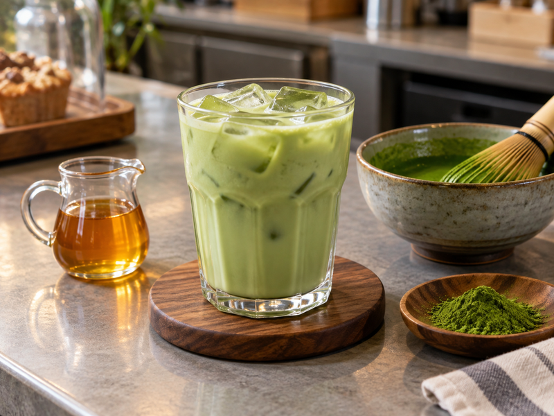 Honey matcha latte with a small honey pitcher and prepared green tea nearby