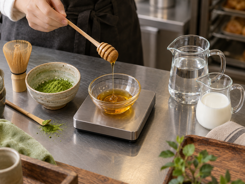 Honey being weighed beside matcha, water and milk for a controlled latte trial