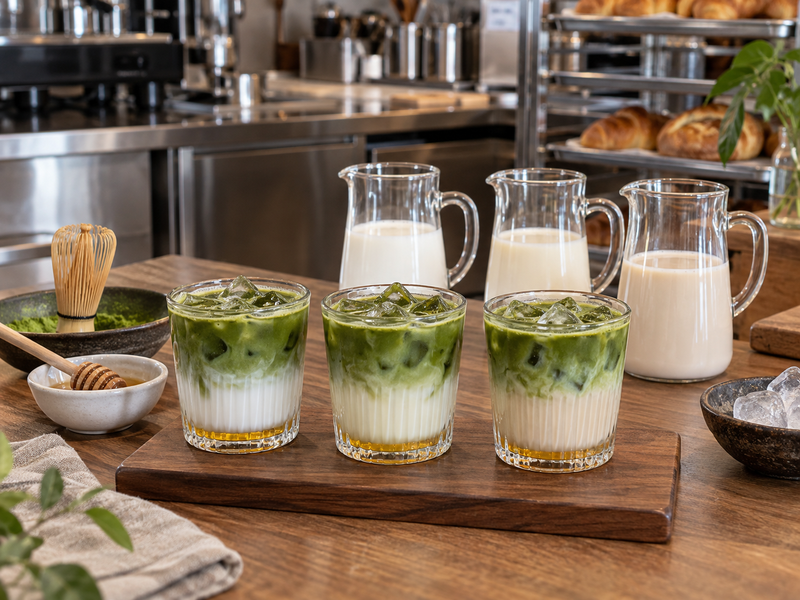 Honey matcha tasting cups with dairy and plant milk options in identical glasses