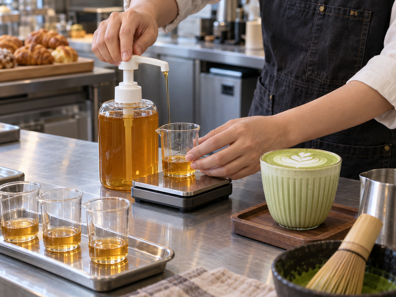 A cafe worker checking honey pump portions on a scale beside a finished latte
