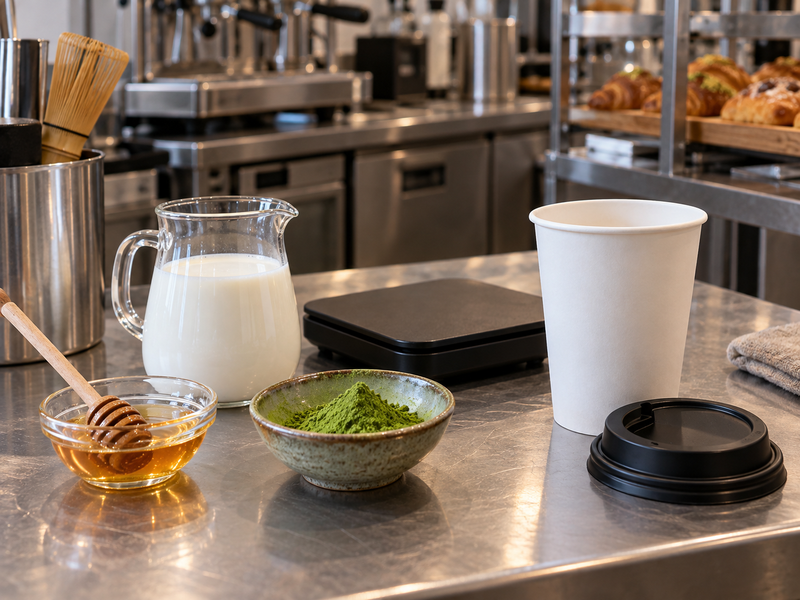 Honey, matcha and milk portions arranged with a takeaway cup for cost checking