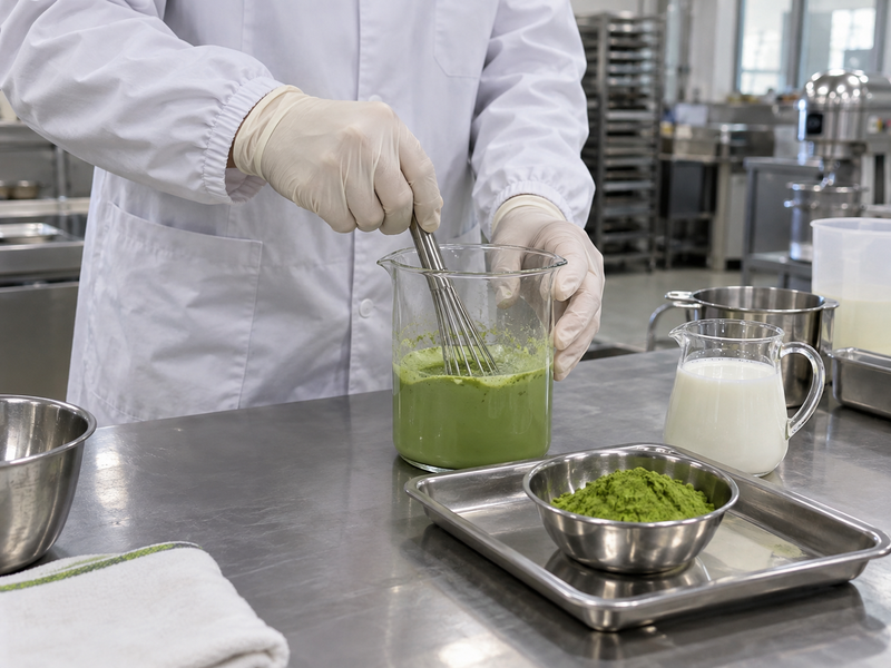 Matcha being mixed into a beverage pilot sample