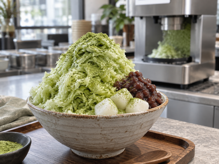 Matcha bingsu with sweet bean and rice dumpling toppings