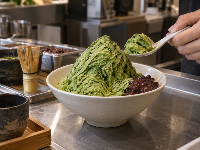Matcha bingsu with fine green shavings and a small sweet bean topping
