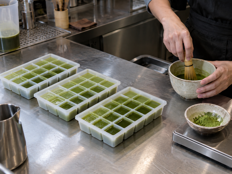 Equal matcha base batches prepared in matching freezing molds