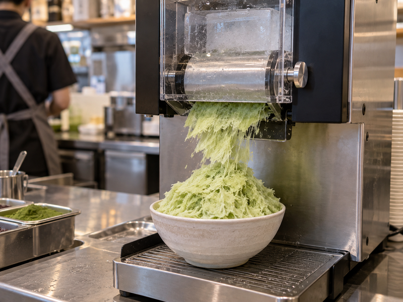 Fine green ice shavings collected from a safely enclosed commercial shaver
