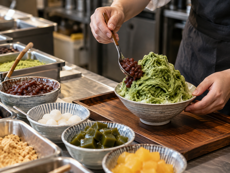 Preportioned toppings added carefully beside a matcha ice mound