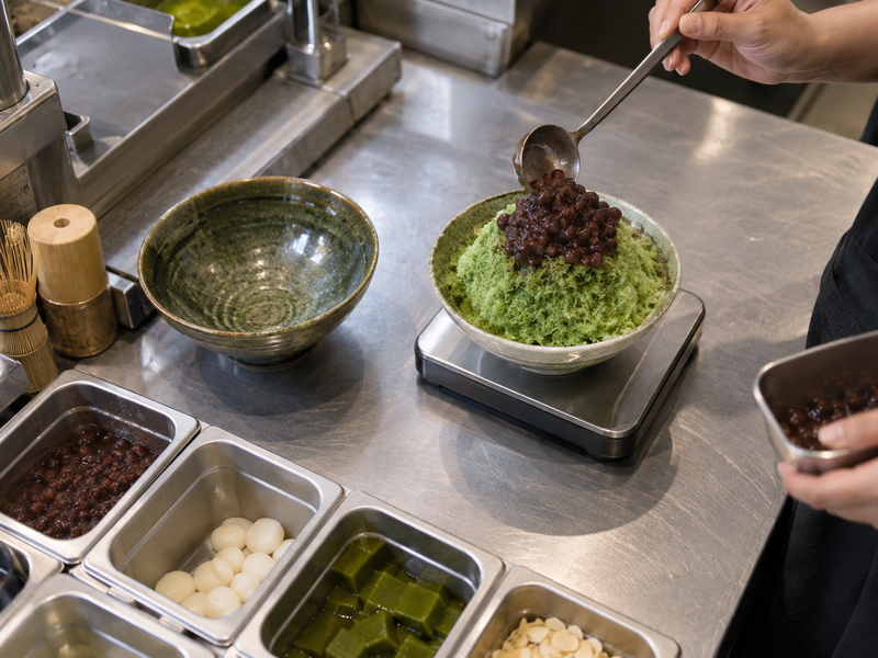 A weighed matcha bingsu serving used to calculate usable portion yield