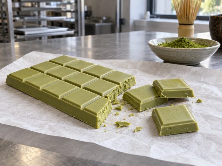 Broken pieces of pale green matcha chocolate showing a smooth interior