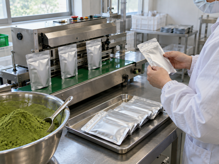 Technician checking a sealed matcha pouch at a packing station
