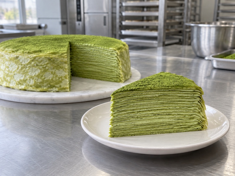 Cut matcha crepe cake showing many thin even green layers