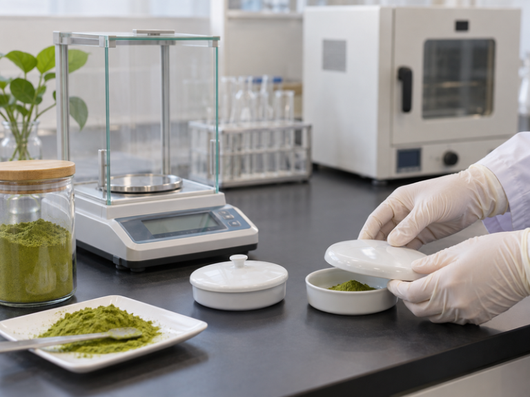 Matcha moisture measurement setup with sealed samples and a balance