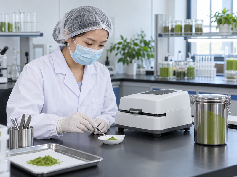 Matcha powder sample beside a closed moisture analyzer