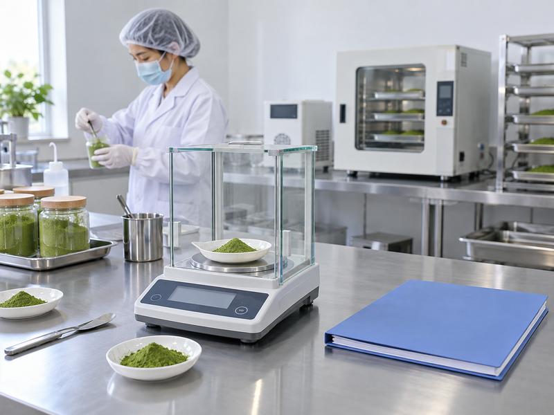 Prepared matcha sample dish and plain laboratory method record