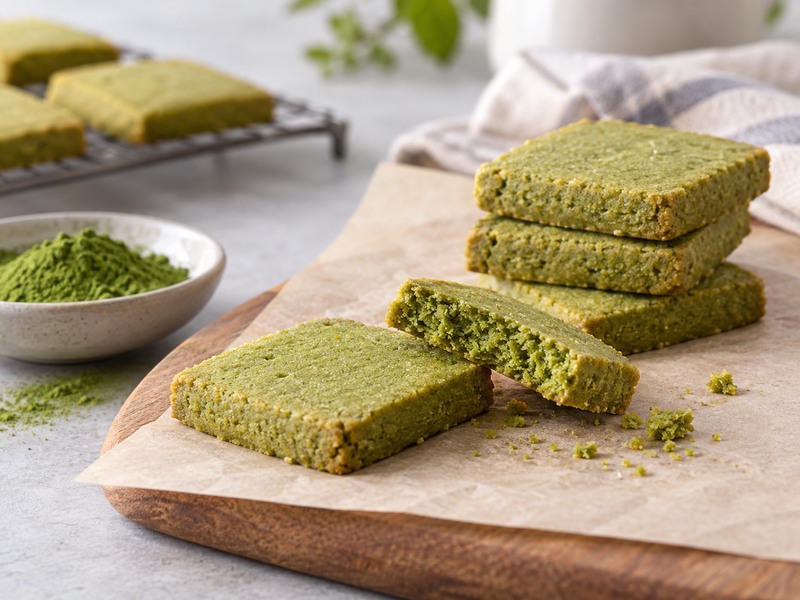 Matcha shortbread cookies on a baking tray