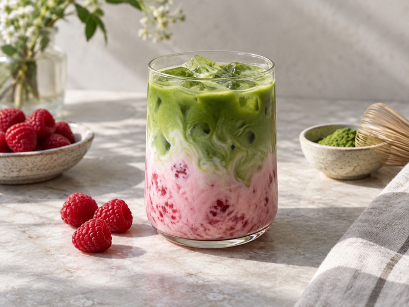 A layered raspberry matcha iced latte with real raspberries on a café counter