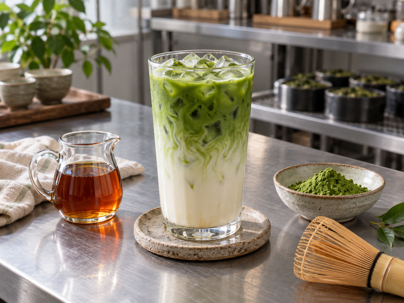 Maple matcha latte beside measured maple syrup and tea powder
