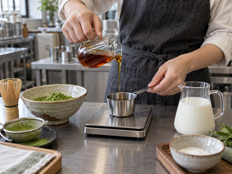 Measured maple syrup being weighed beside milk and matcha for a cafe trial