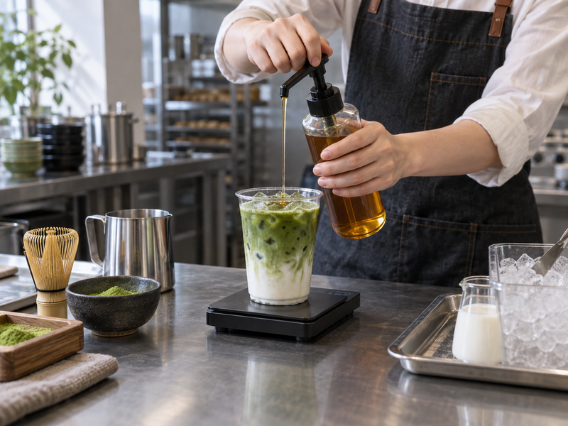Cafe worker weighing maple syrup dispensed into a small cup