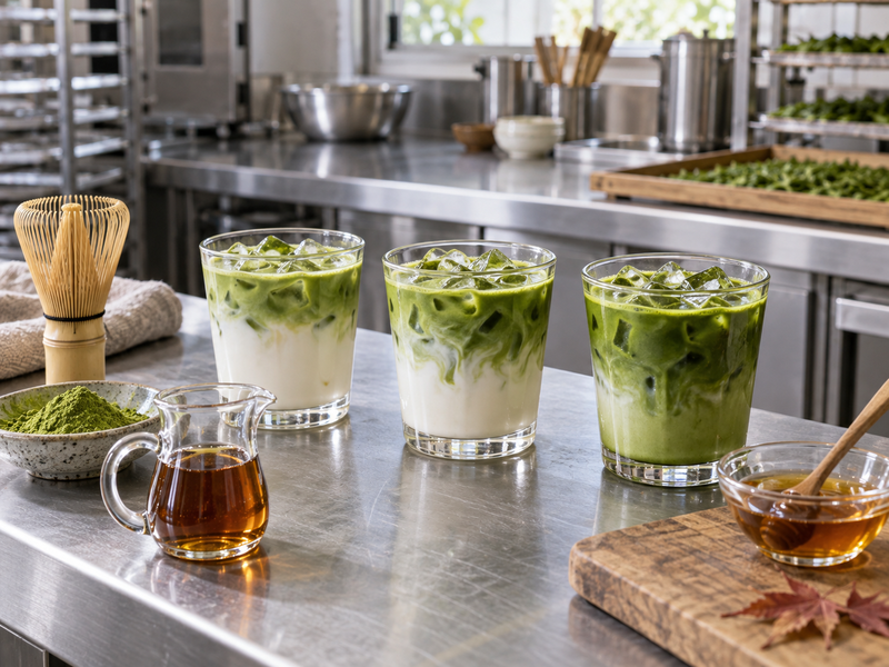 Three maple matcha tasting cups with different syrup levels on a cafe counter