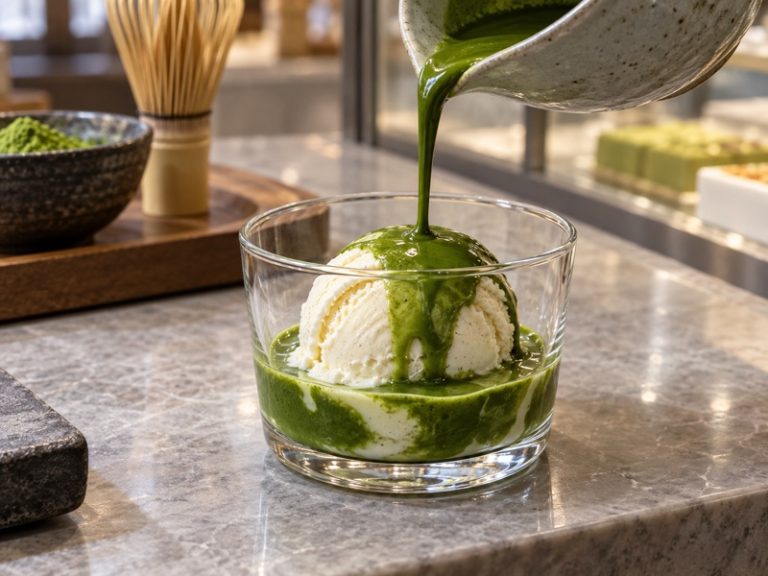 Concentrated matcha poured over vanilla ice cream in a café dessert cup