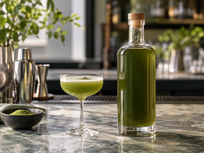 An unbranded bottle of green matcha liqueur and a small cocktail on a bar test bench