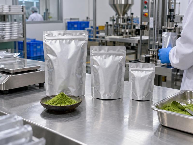 Trial pouches for matcha nitrogen flushed packaging evaluation