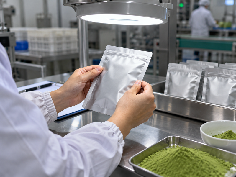 Hands examining a sealed matcha pouch seam