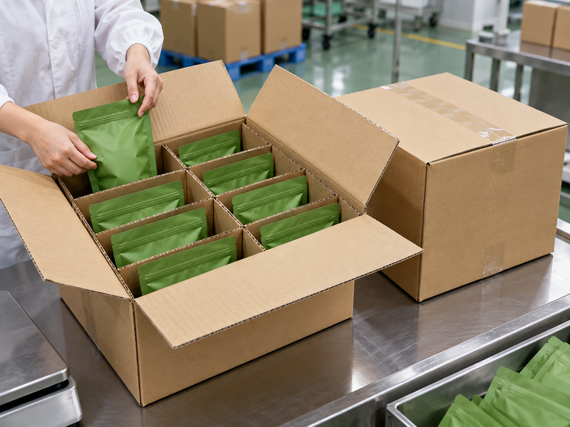 Carton of sealed matcha pouches prepared for a transport trial