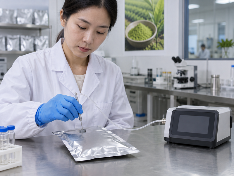 Retained matcha packs beside a gas analyzer