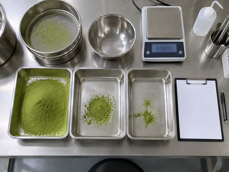 Matcha production trial containers beside a balance and blank record sheet