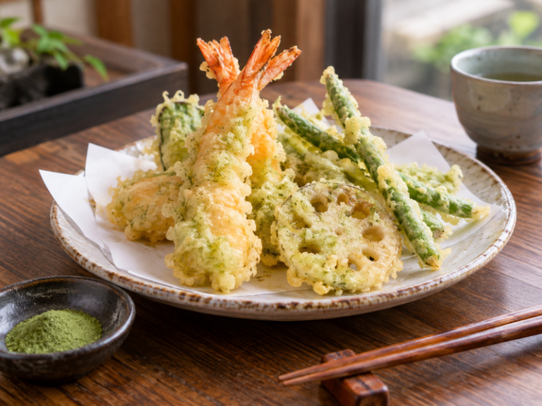 A fresh matcha tempura assortment on a dark restaurant plate