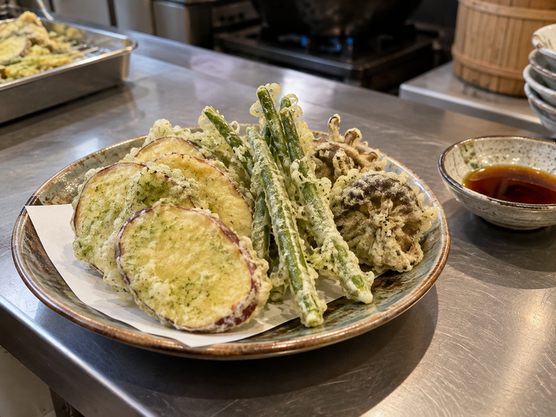 Matcha tempura vegetables with a light green crisp coating and separate dipping sauce