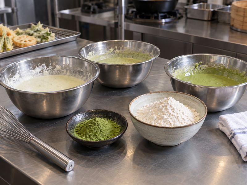 Three small matcha batter trials beside weighed dry flour and tea