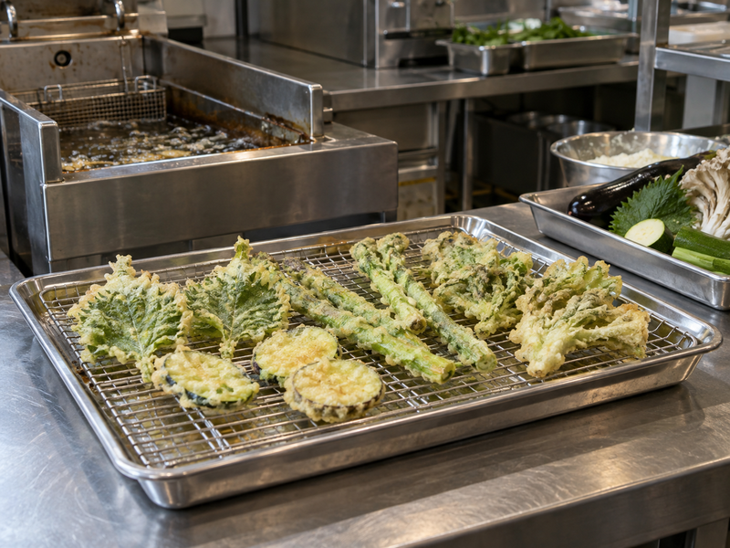 Matcha tempura draining on a metal rack beside a fryer
