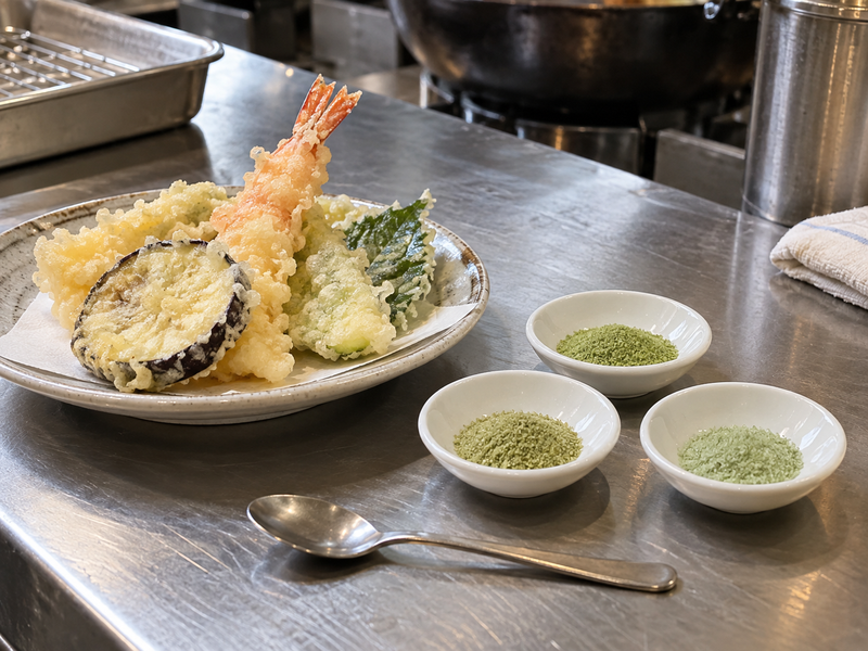 Separate matcha salt served beside vegetable tempura
