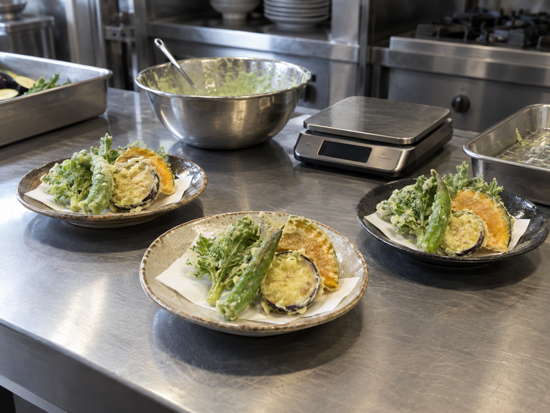 Weighed tempura portions and unused batter being checked in a restaurant kitchen