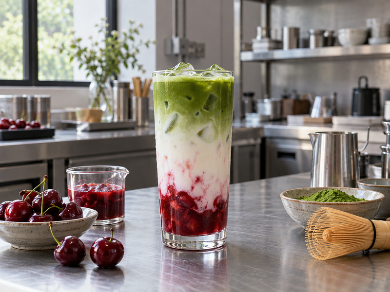 Cherry matcha latte with red fruit base and green tea layer