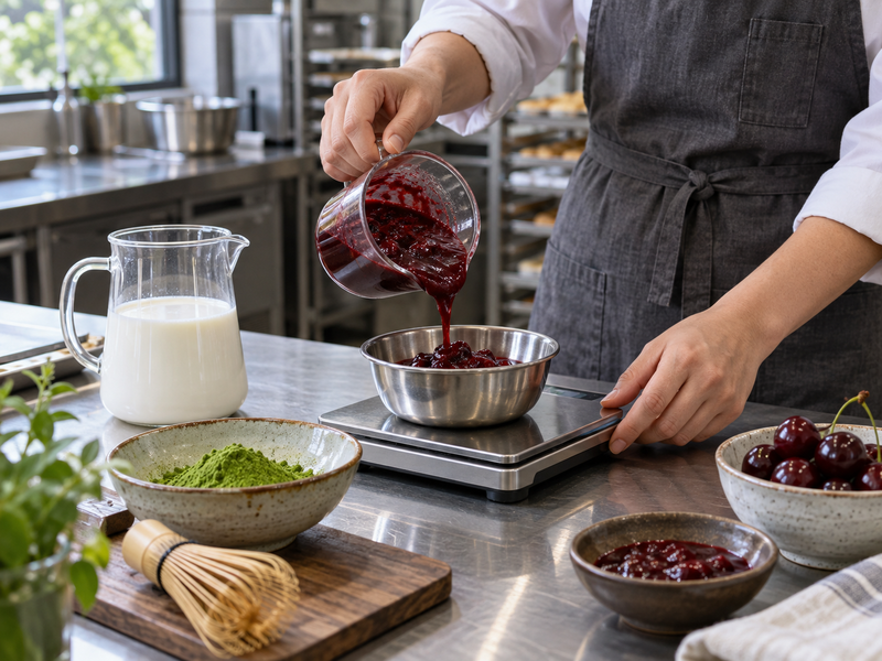 Cherry puree and matcha ingredients weighed into small preparation vessels