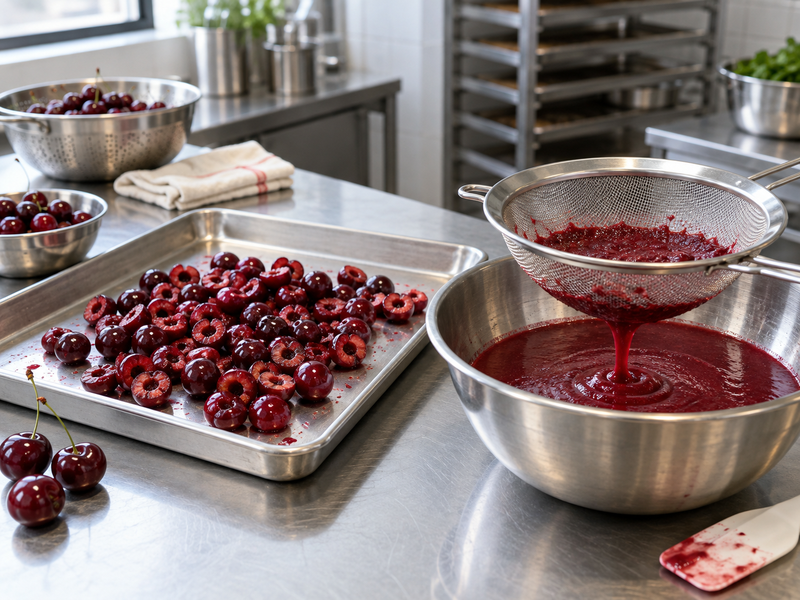 Pitted cherries and smooth cherry puree passing through a stainless sieve