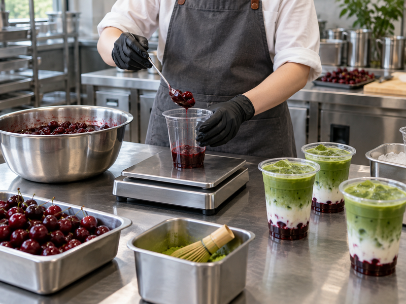 Cafe worker portioning cherry base with scales and serving cups