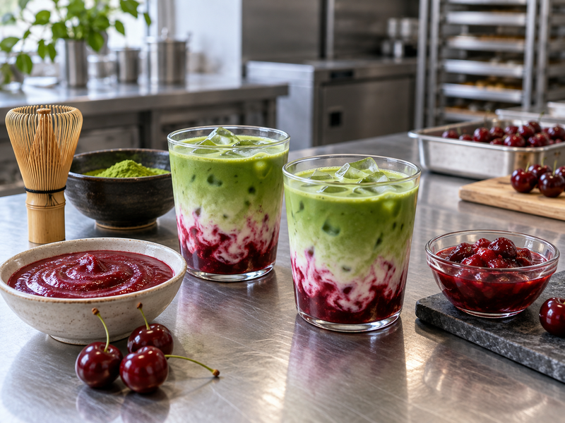 Cherry matcha samples showing smooth puree and fruit piece variations