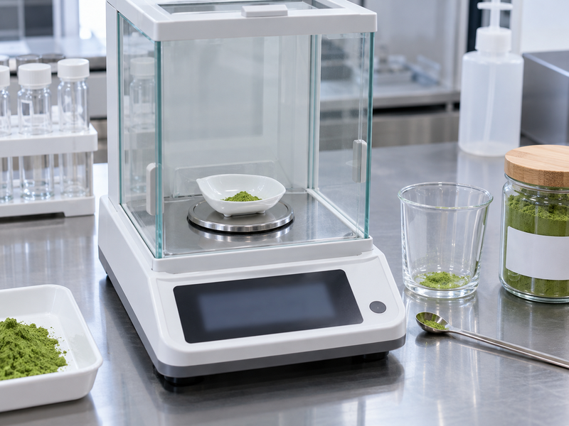 Balance weighing matcha for an illustrative serving calculation